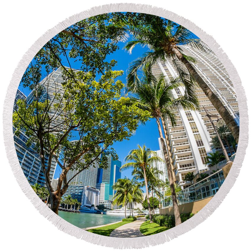 Architecture Round Beach Towel featuring the photograph Downtown Miami Brickell Fisheye by Raul Rodriguez
