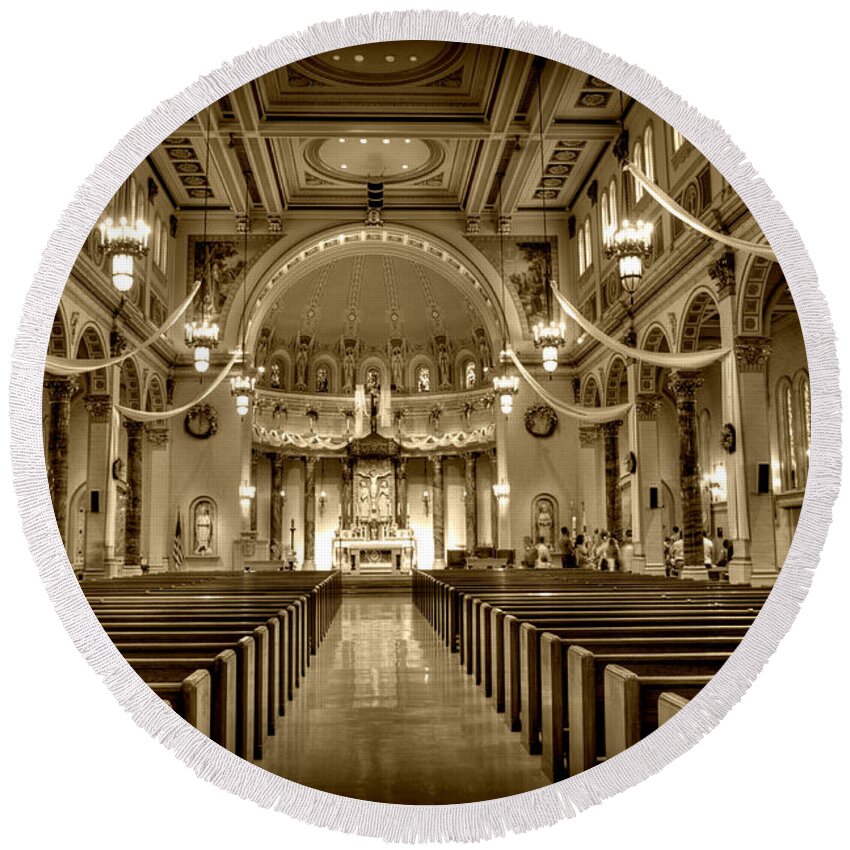 Mn Church Round Beach Towel featuring the photograph Holy Cross Catholic Church #1 by Amanda Stadther