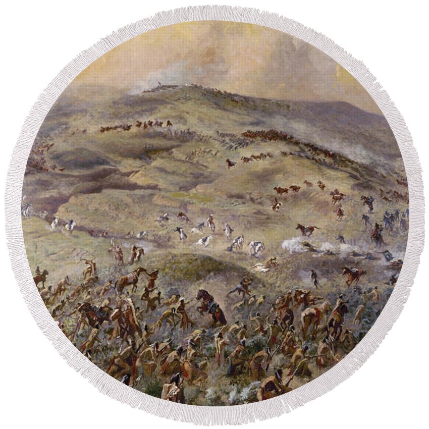 1876 Round Beach Towel featuring the painting Little Bighorn, 1876 by Gayle Hoskins