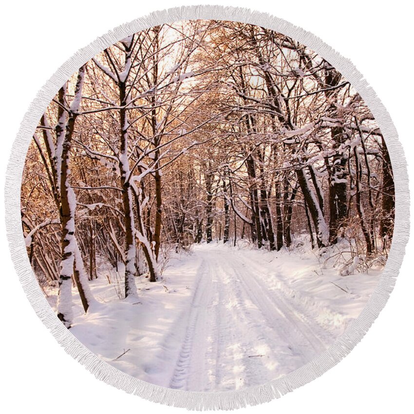Snow Round Beach Towel featuring the photograph Winter white forest #8 by Michal Bednarek