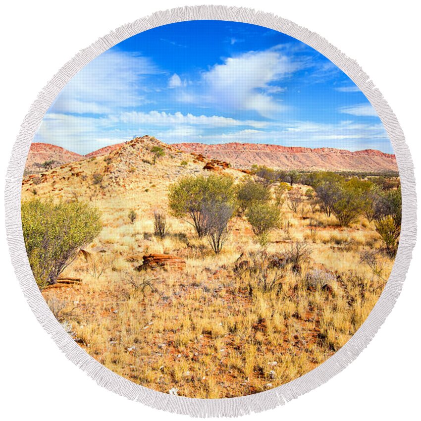 Central Australia Landscape Outback Water Hole West Mcdonnell Ranges Northern Territory Australian Landscapes Ghost Gum Trees Larapinta Drive Round Beach Towel featuring the photograph West McDonnell Ranges Larapinta Drive by Bill Robinson