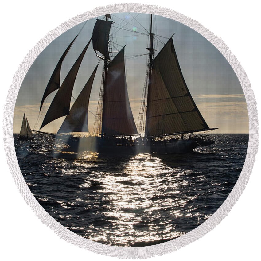 Photography Round Beach Towel featuring the photograph Tourists On Tall Ship In The Pacific #9 by Panoramic Images