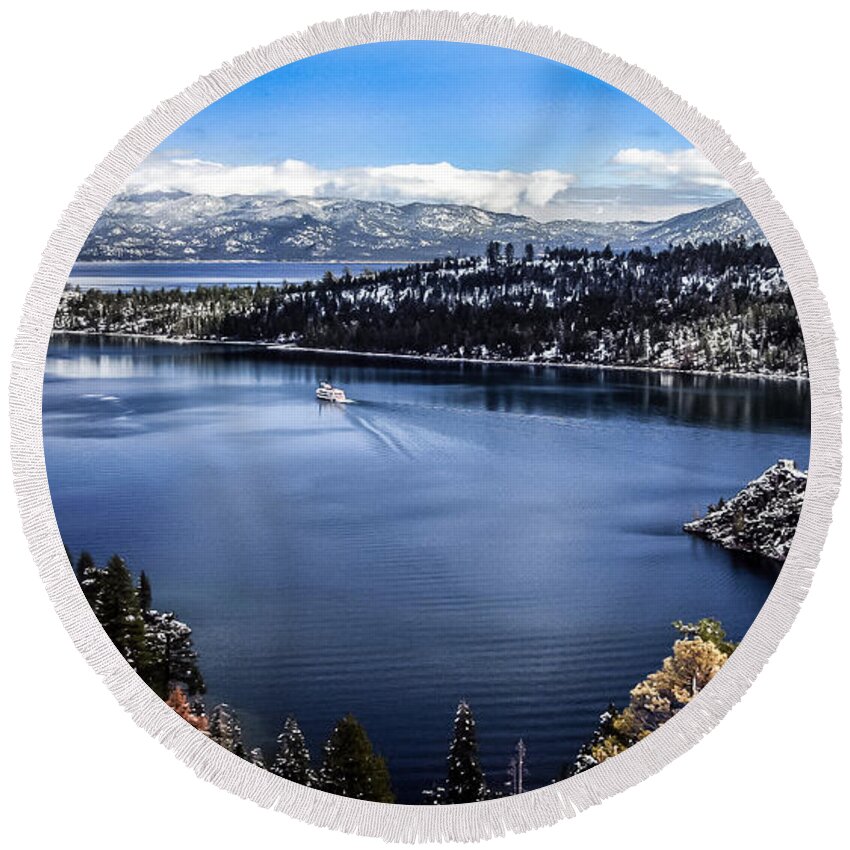  Bluebird Day At Emerald Bay Round Beach Towel featuring the photograph A Bluebird Day At Emerald Bay by Mitch Shindelbower