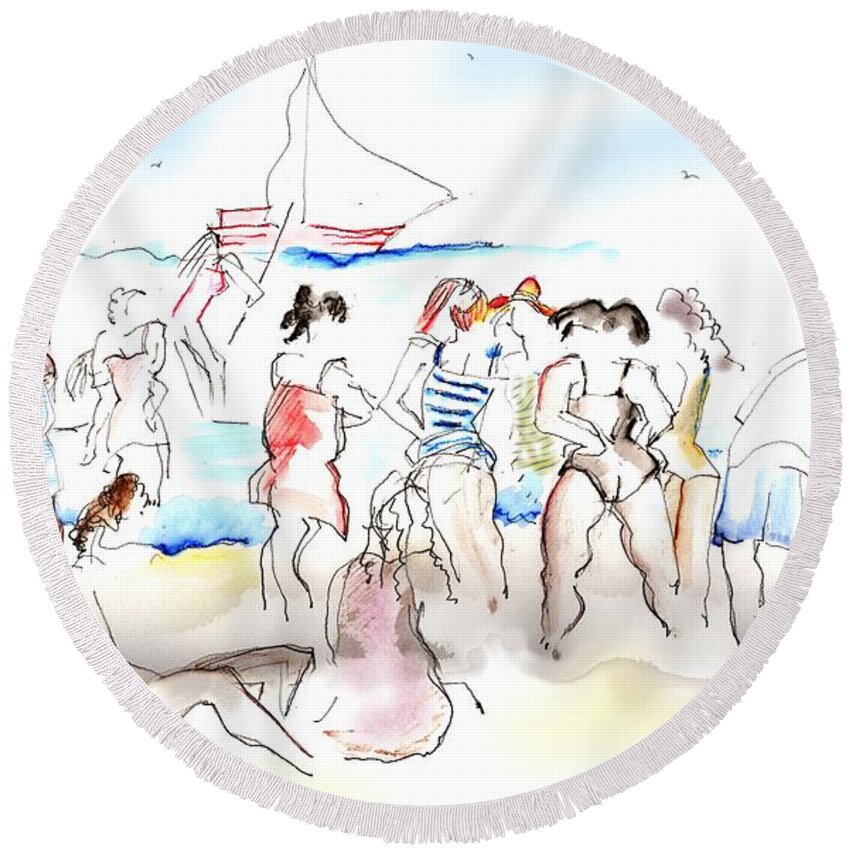 Beach Round Beach Towel featuring the painting A Busy Day at the Beach by Carolyn Weltman