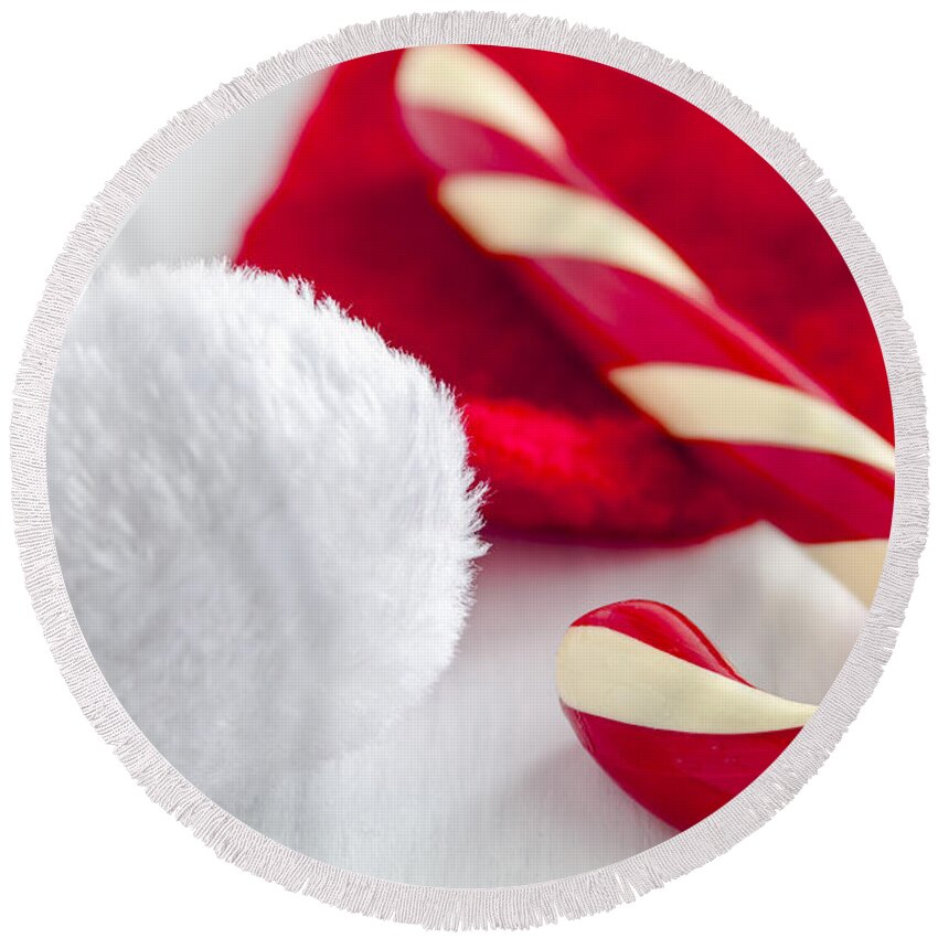Candy Round Beach Towel featuring the photograph A Candy Cane for Santa by Teri Virbickis