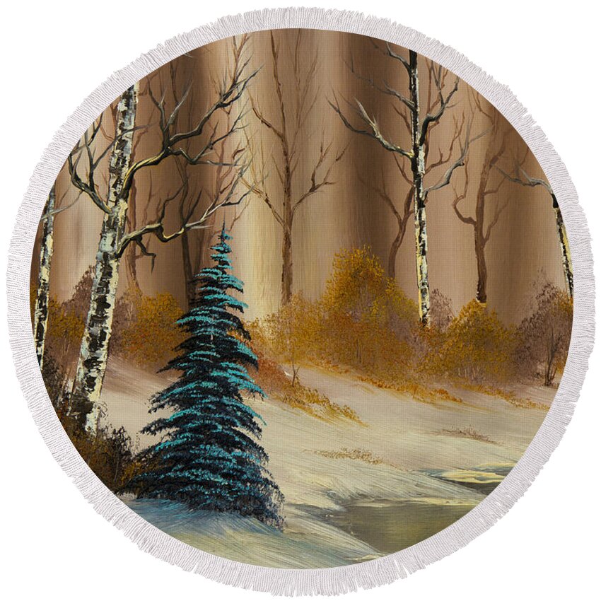 Landscape Round Beach Towel featuring the painting Russet Winter by Chris Steele
