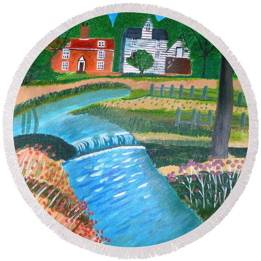 Landscape Round Beach Towel featuring the painting A Country Stream by Magdalena Frohnsdorff