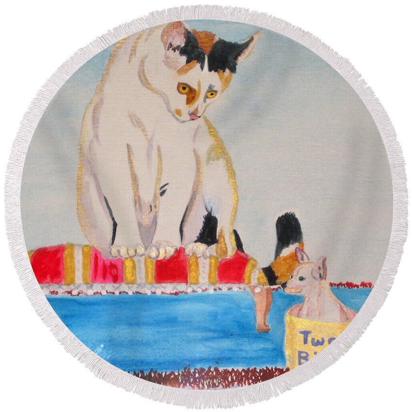 Calico Cat Round Beach Towel featuring the painting A cup of Chihuahua by Phyllis Kaltenbach