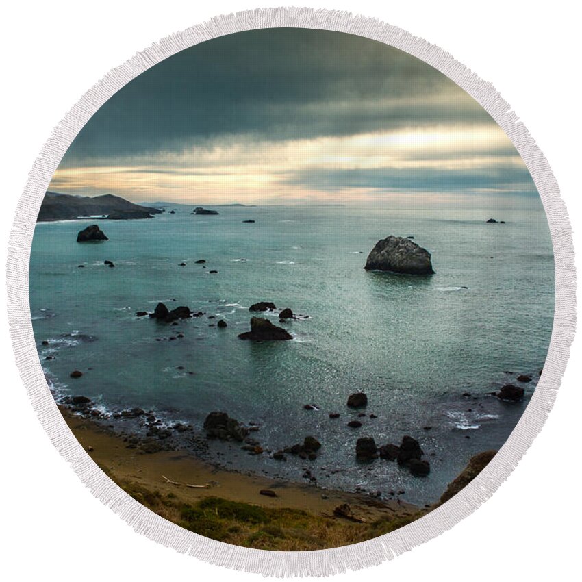 Ocean Round Beach Towel featuring the photograph A Dark Day at Sea by Bryant Coffey