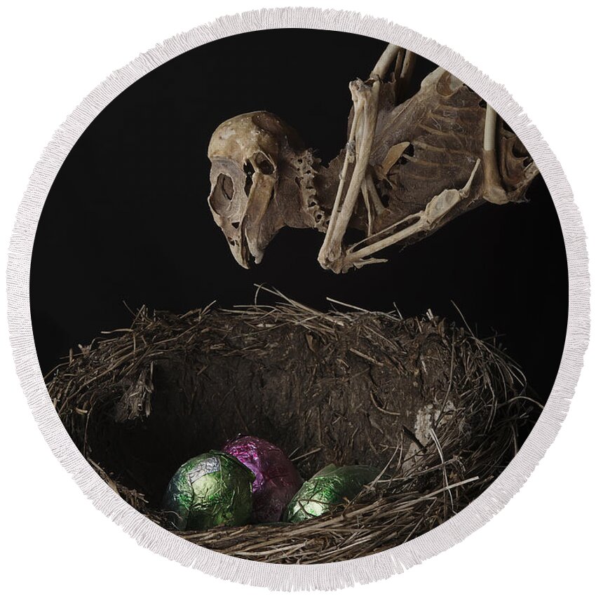 Easter Round Beach Towel featuring the photograph A Dead Bird Flies Into Its Nest Only To Find Chocolate Eggs by Art Whitton