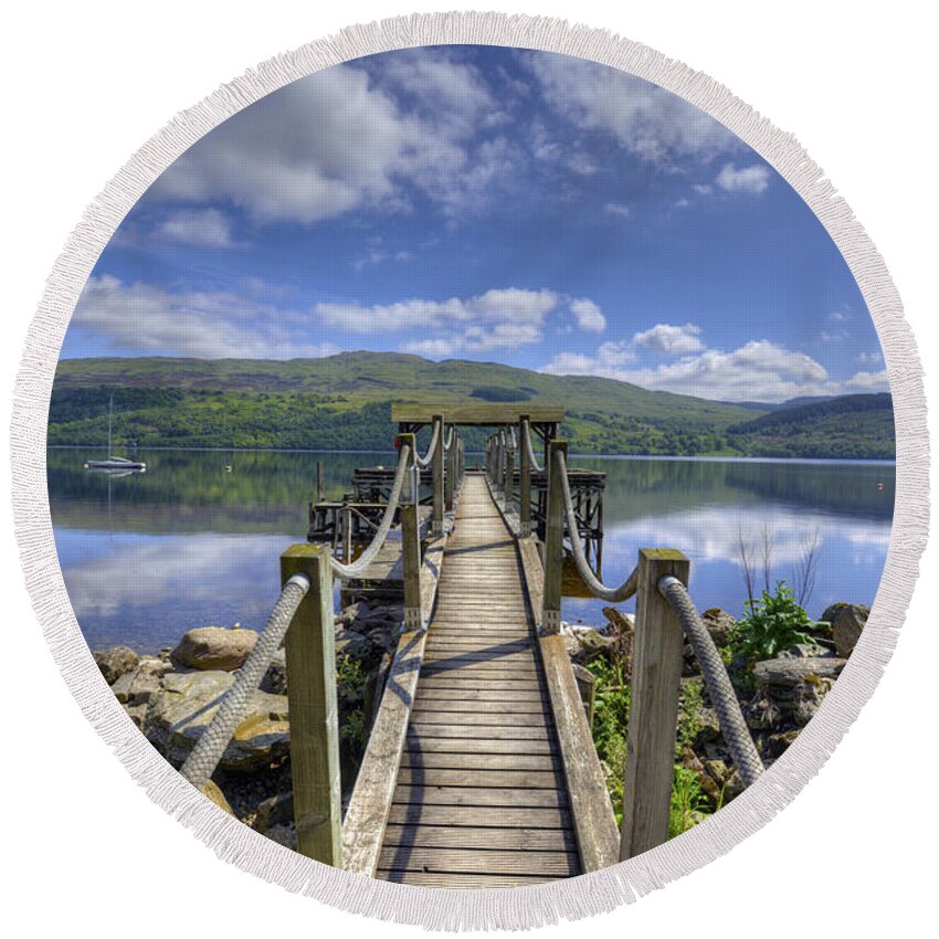 Europe Round Beach Towel featuring the photograph A dock out to Loch Tay by Matt Swinden
