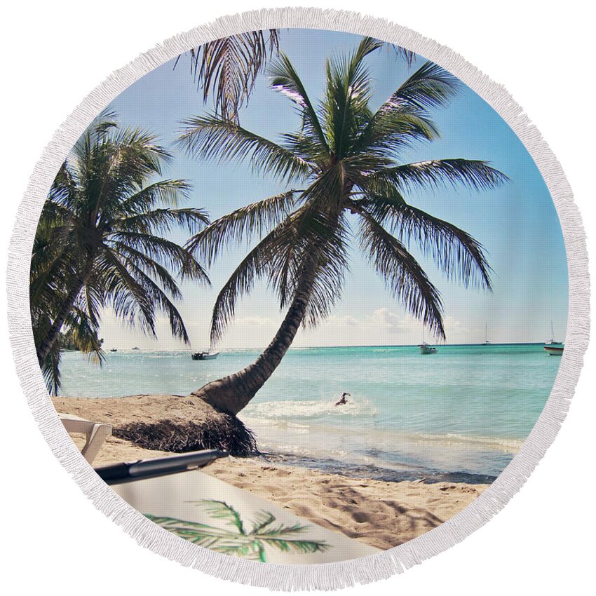 Color Image Round Beach Towel featuring the photograph A Drawing Of A Tropical Beach Sits by Chris Bennett