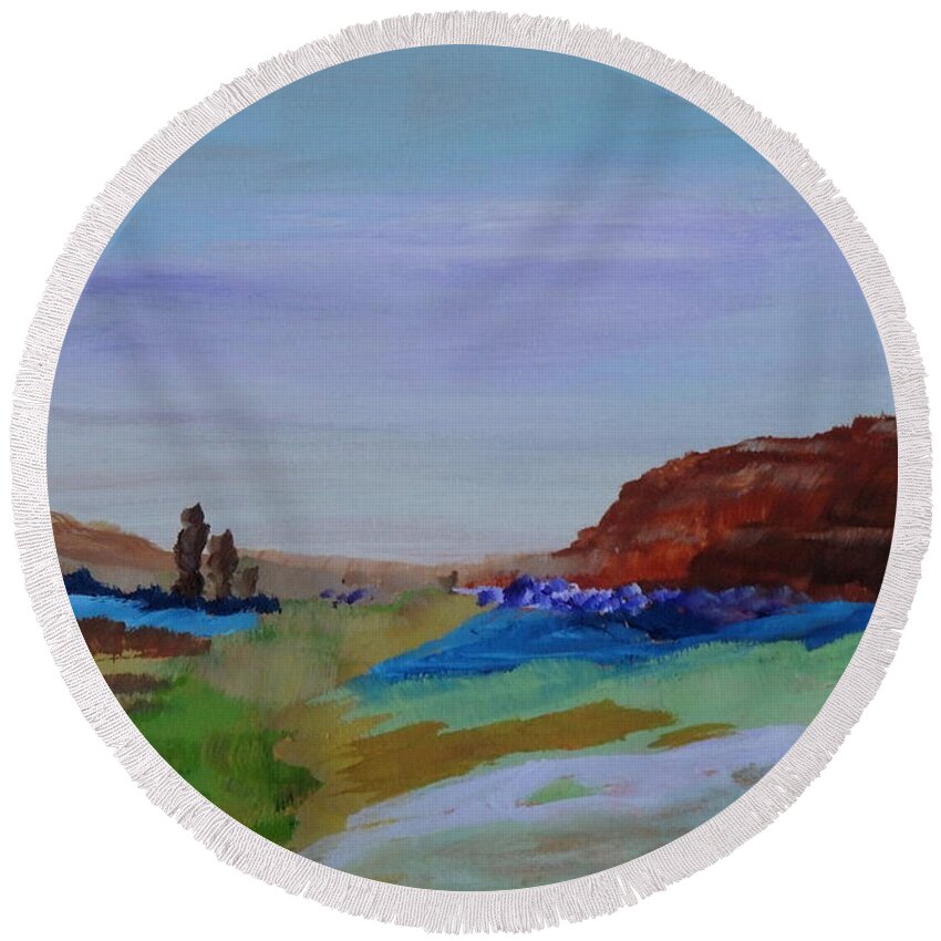 Abstract Round Beach Towel featuring the painting A Dreamscape by Lisa MacDonald