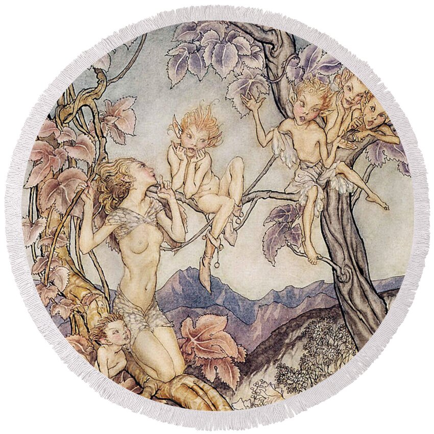 Act Round Beach Towel featuring the drawing A Fairy Song from A Midsummer Nights Dream by Arthur Rackham