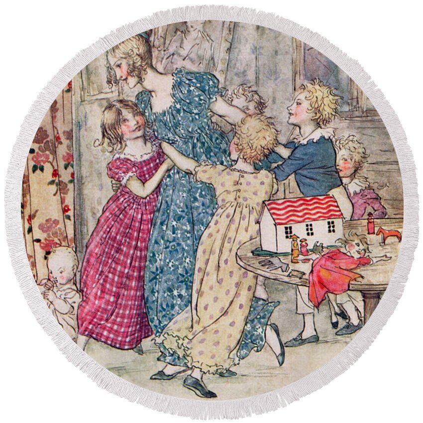 Children Round Beach Towel featuring the painting A Flushed And Boisterous Group, Book Illustration by Arthur Rackham