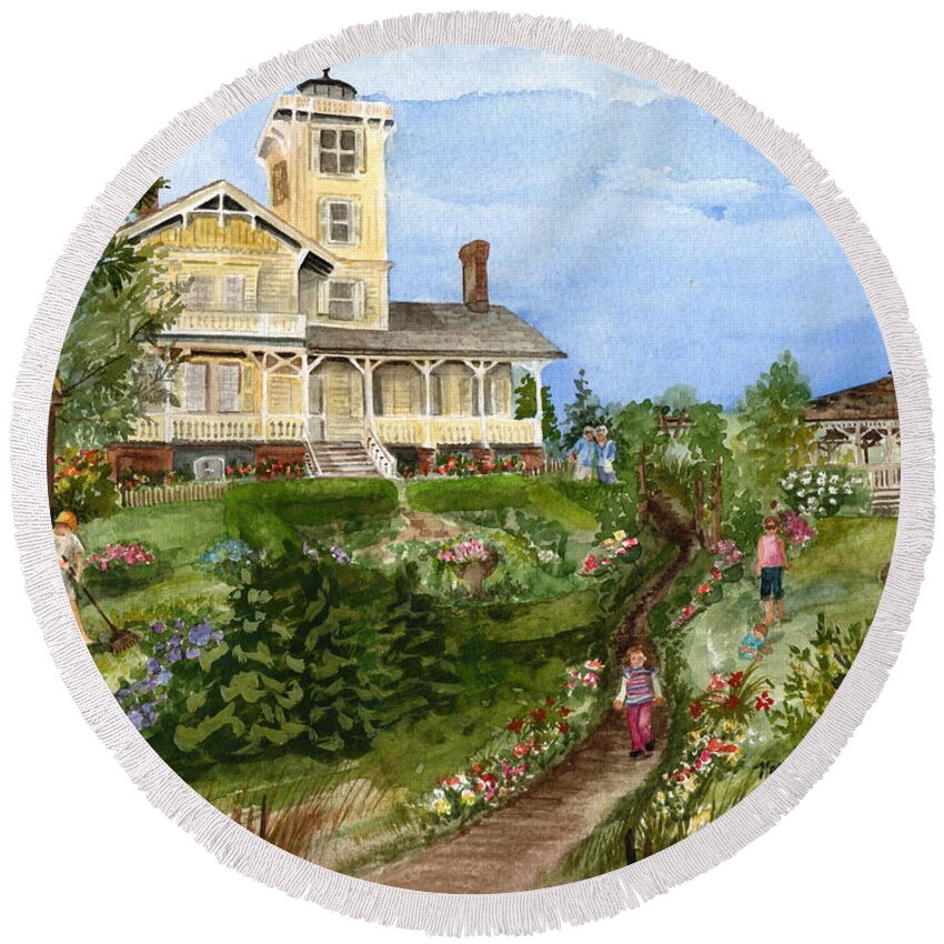 Hereford Inlet Lighthouse Round Beach Towel featuring the painting A Garden For All Ages by Nancy Patterson