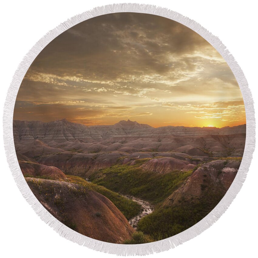 Badlands Round Beach Towel featuring the photograph A Good Sunrise in the Badlands by Steve Triplett