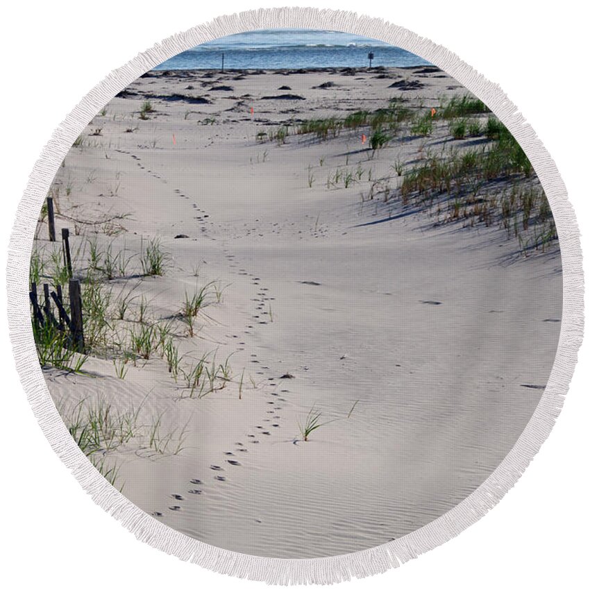 Trail Round Beach Towel featuring the photograph A Gull's Walk to the Ocean by Greg Graham