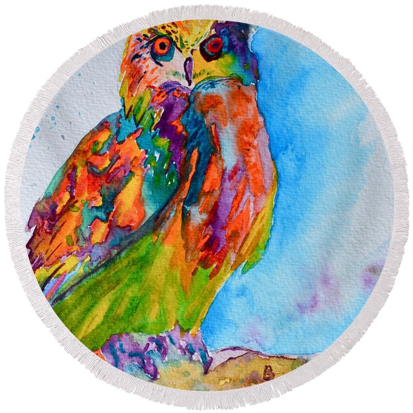 Owl Round Beach Towel featuring the painting A Hootiful Moment In Time by Beverley Harper Tinsley