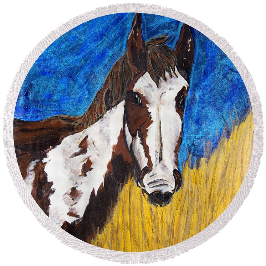 Horses Round Beach Towel featuring the painting A Horse of Course by Rebecca Weeks
