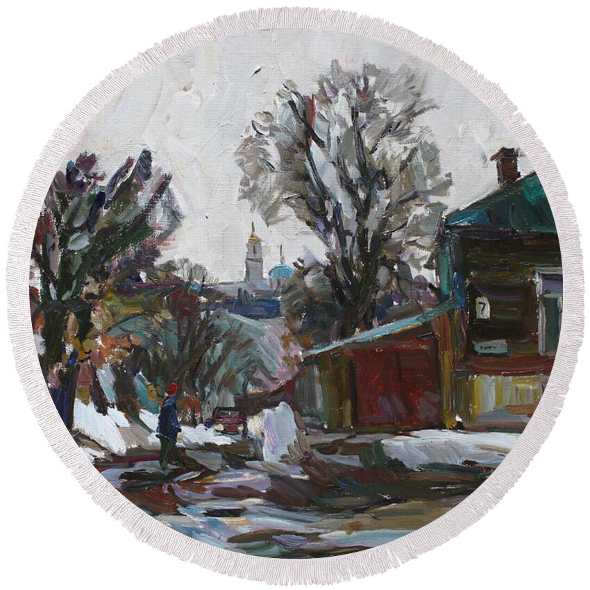 Winter Round Beach Towel featuring the painting A house number 7 by Juliya Zhukova