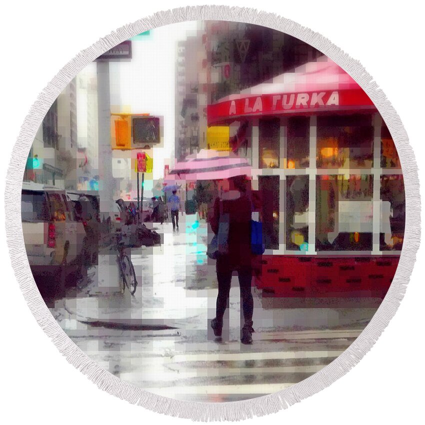Bar Round Beach Towel featuring the photograph A La Turka in the Rain - Restaurants of New York by Miriam Danar