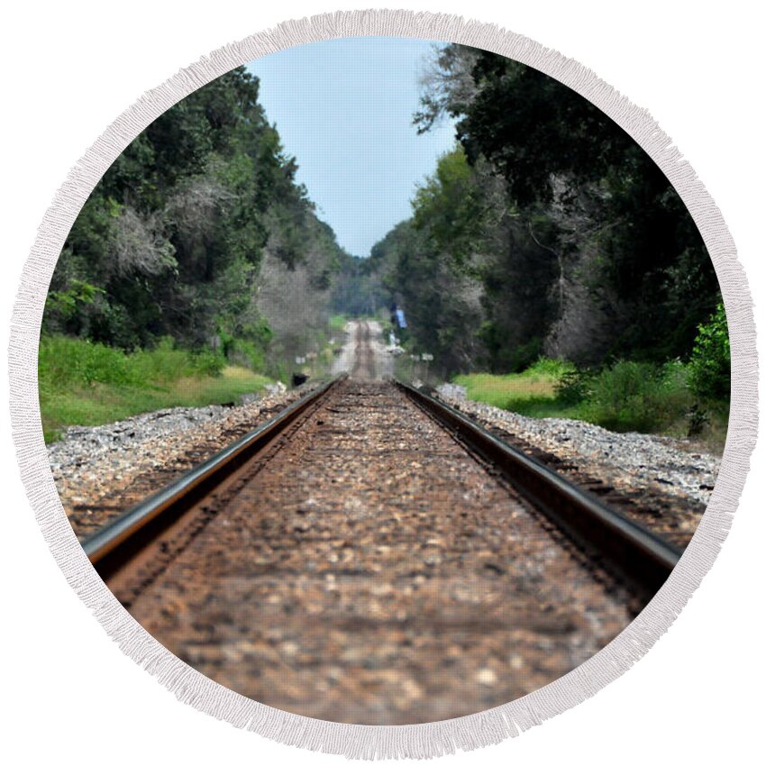 Train Track Prints Round Beach Towel featuring the photograph A Long Way Home by John Black