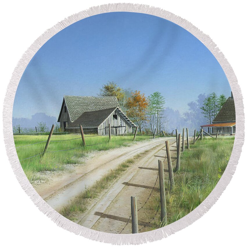 Landscape Round Beach Towel featuring the painting A New Beginning by Mike Brown
