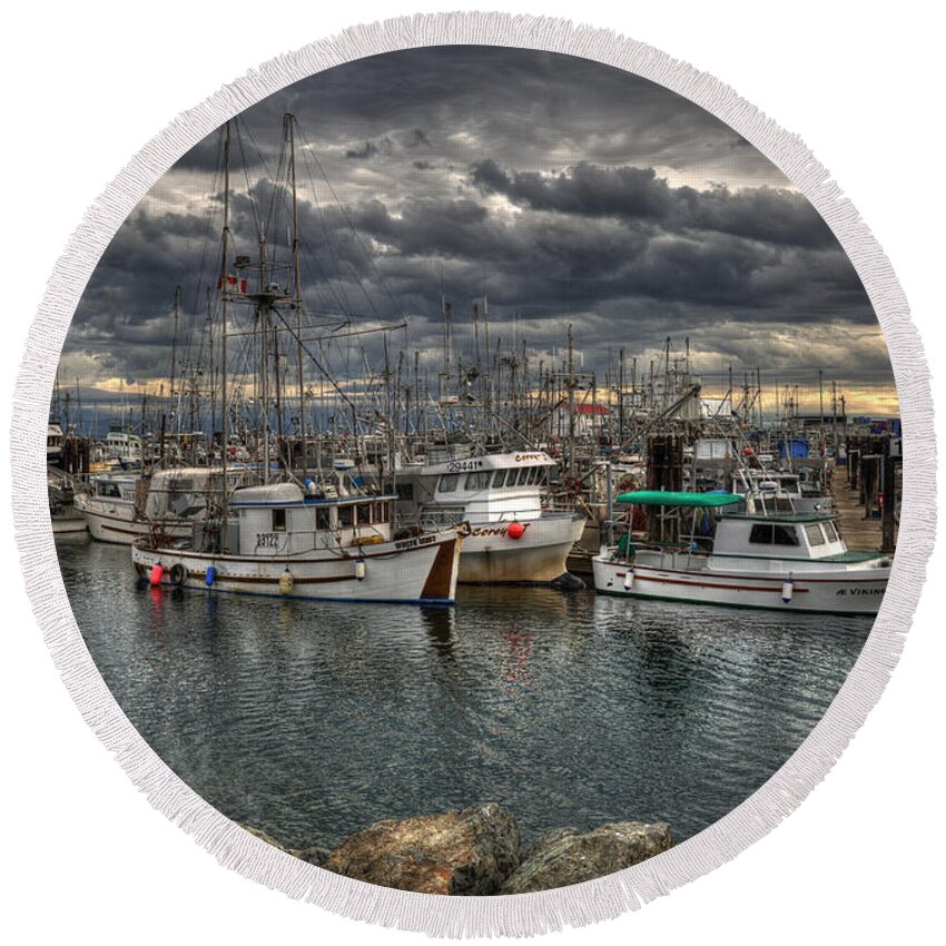 Boats Round Beach Towel featuring the photograph A Port In The Storm by Randy Hall