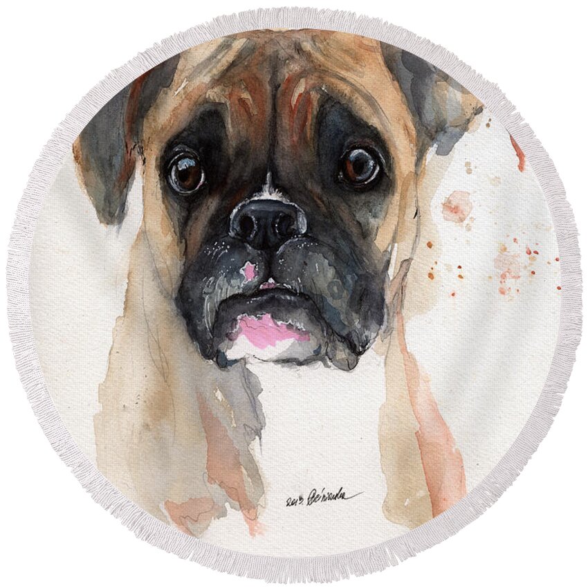 Dog Round Beach Towel featuring the painting A Portrait Of A Boxer Dog by Ang El