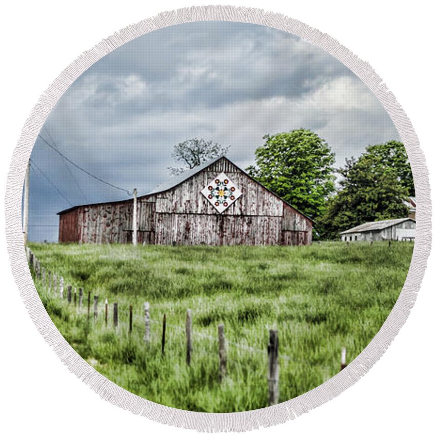 Barn Round Beach Towel featuring the photograph A Quilted Barn by Heather Applegate