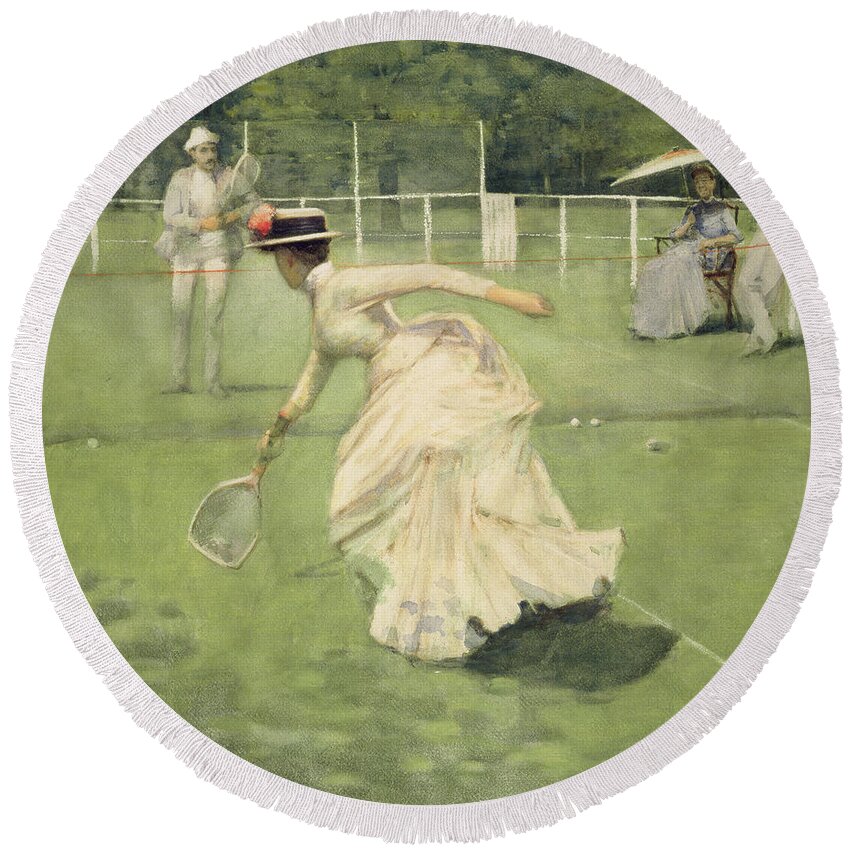 Tennis Game Round Beach Towel featuring the drawing A Rally, 1885 by John Lavery