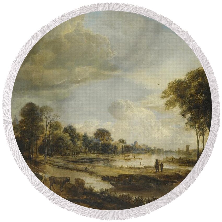 Landscape Round Beach Towel featuring the painting A River Landscape with Figures and Cattle by Gianfranco Weiss