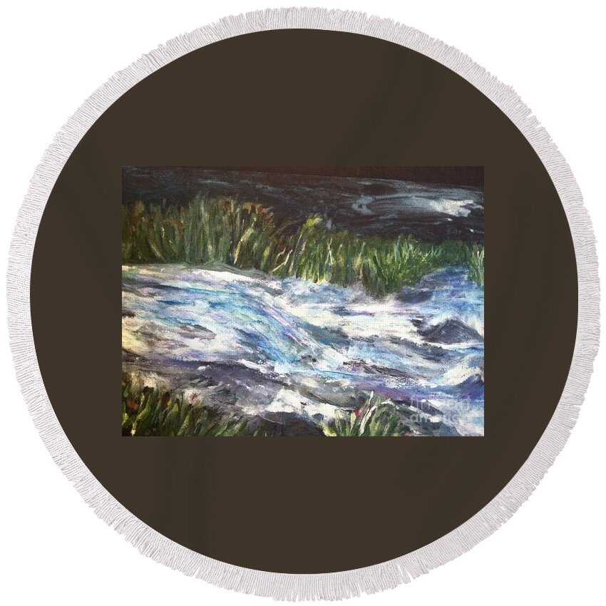 Orchards Round Beach Towel featuring the painting A River Runs Through by Sherry Harradence
