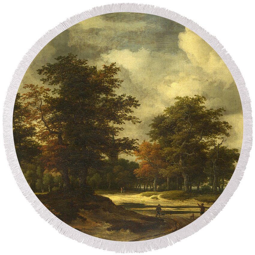 Jacob Isaacksz Van Ruisdael Round Beach Towel featuring the painting A Road leading into a Wood by Jacob Isaacksz van Ruisdael