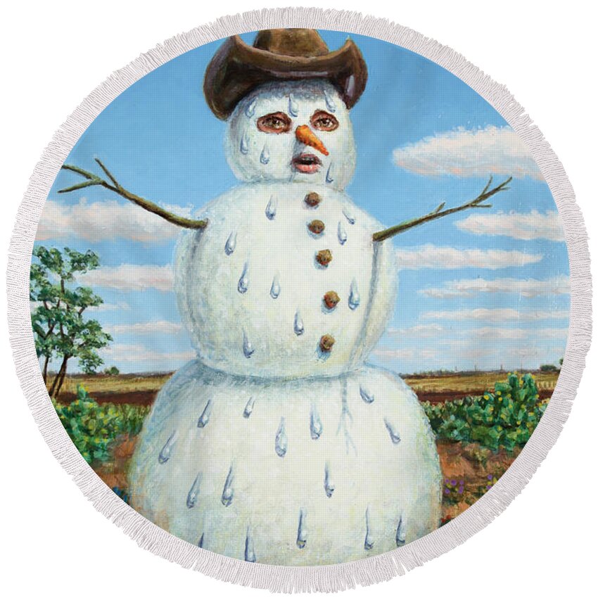 Snowman Round Beach Towel featuring the painting A Snowman in Texas by James W Johnson