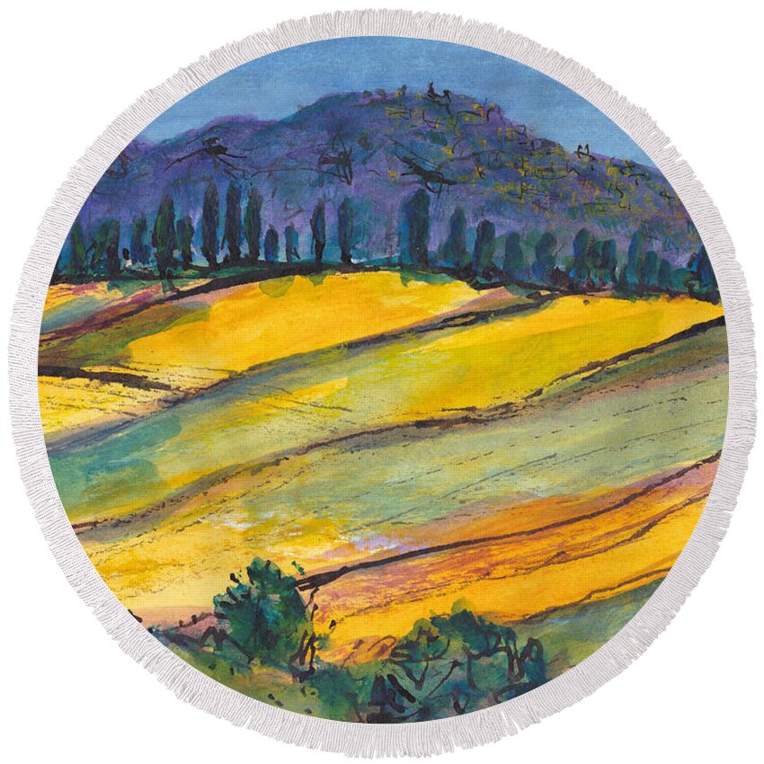 Painting Round Beach Towel featuring the painting A Tuscan Hillside by Jackie Sherwood