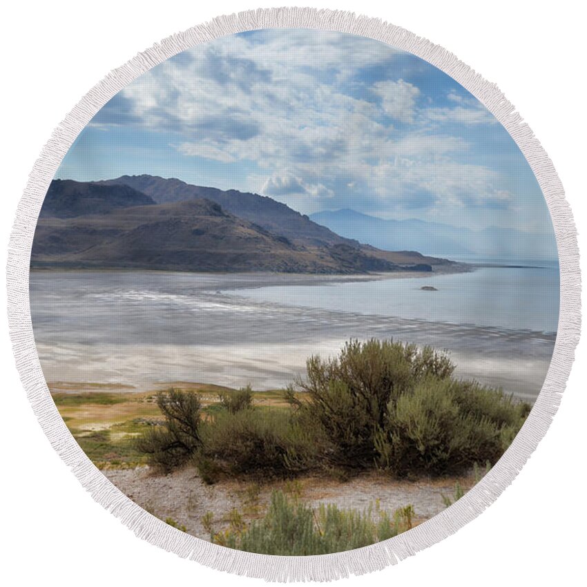 Antelope Island Round Beach Towel featuring the photograph A View From Buffalo Point of White Rock Bay by Donna Greene