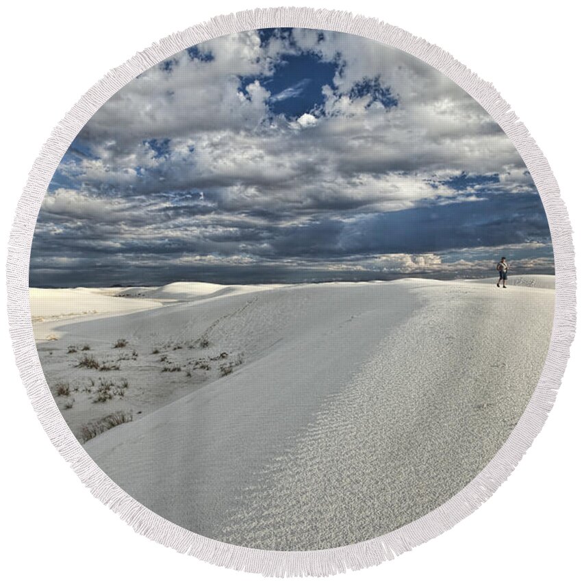 White Sands Round Beach Towel featuring the photograph A Walk on the Dunes by Diana Powell