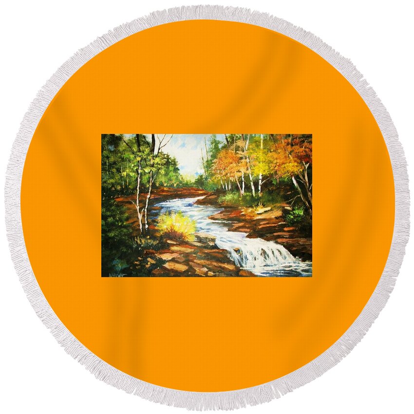 Forest Round Beach Towel featuring the painting A Winding Creek in Autumn by Al Brown