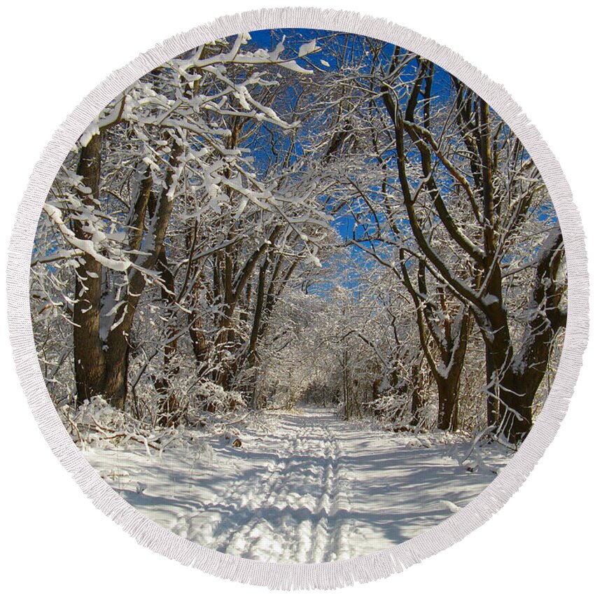 A Winter Road Round Beach Towel featuring the photograph A Winter Road by Raymond Salani III