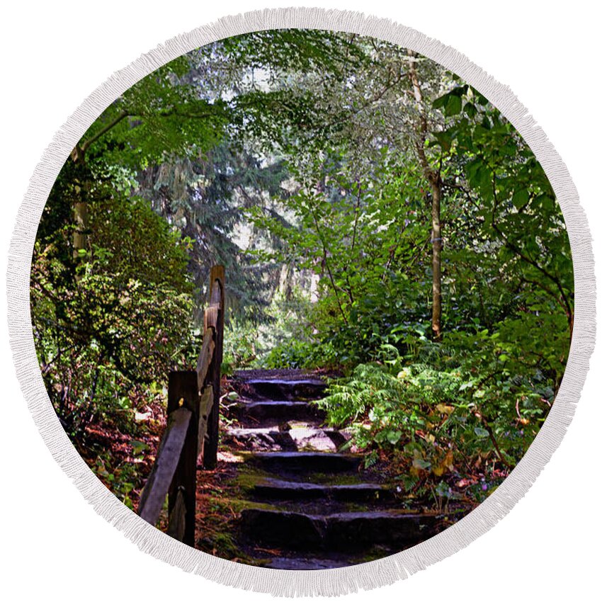 Lakewold Gardens Round Beach Towel featuring the photograph A Wooded Path by Anthony Baatz
