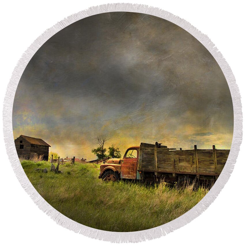 Dodge Round Beach Towel featuring the photograph Abandoned Farm Truck by Theresa Tahara