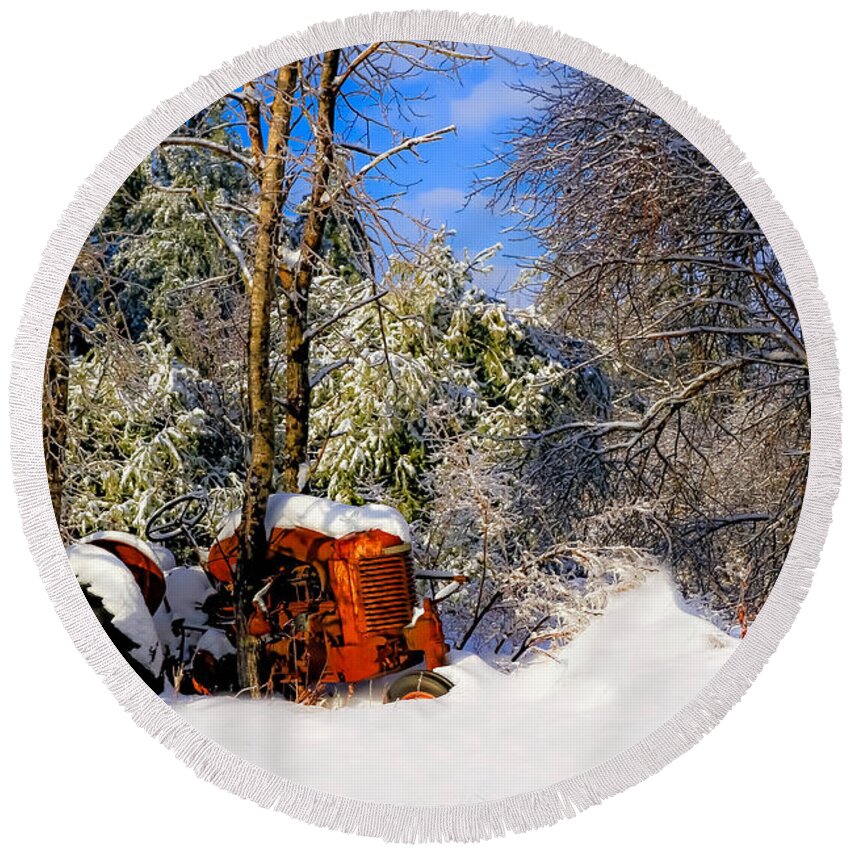 Maine Round Beach Towel featuring the photograph Abandoned Winter Tractor by Brenda Giasson