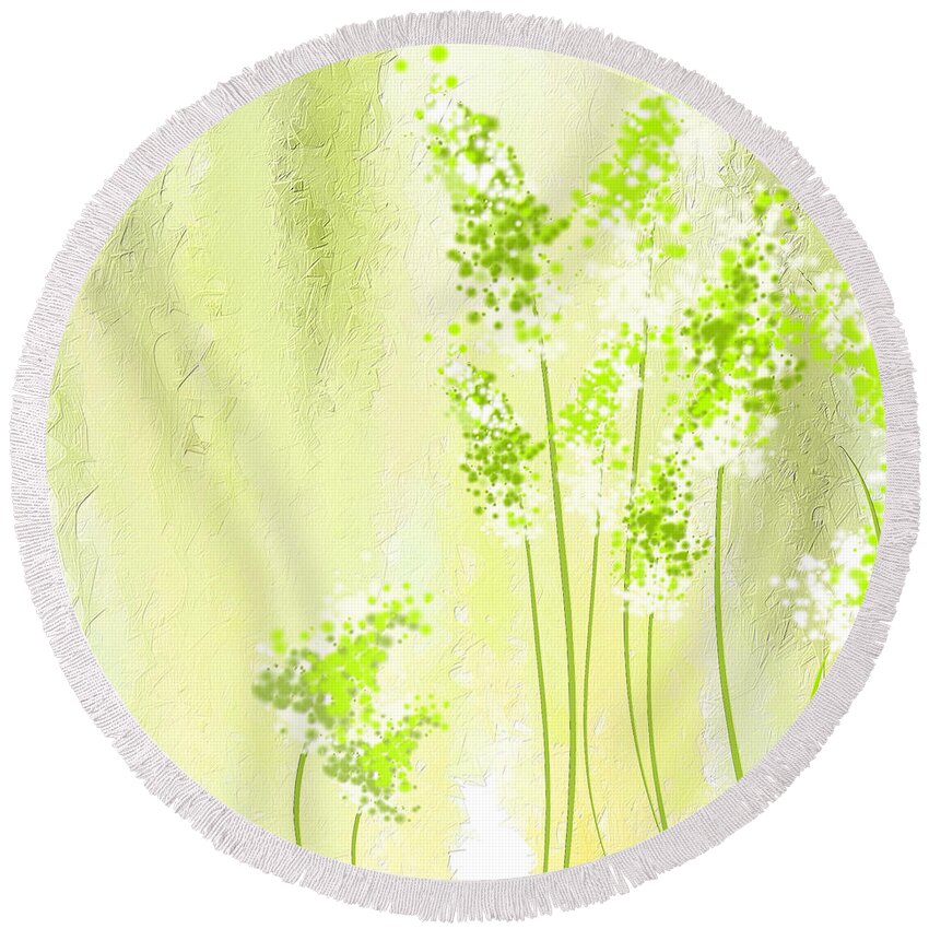 Light Green Round Beach Towel featuring the painting About Spring by Lourry Legarde