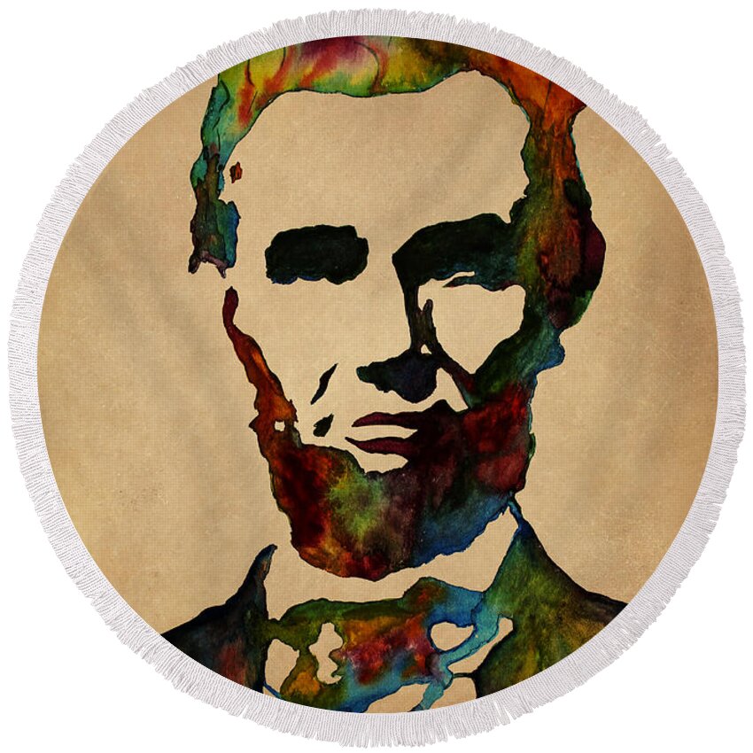 Abstraham Lincoln Round Beach Towel featuring the painting Abraham Lincoln Wise Words by Georgeta Blanaru