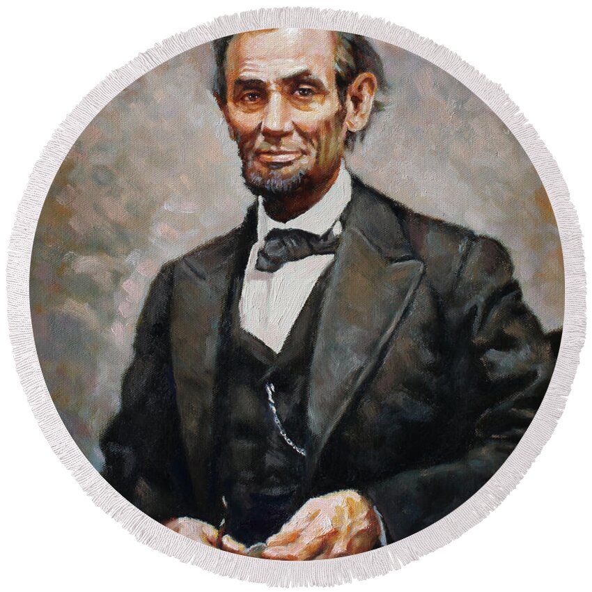 Abraham Lincoln Round Beach Towel featuring the painting Abraham Lincoln by Ylli Haruni