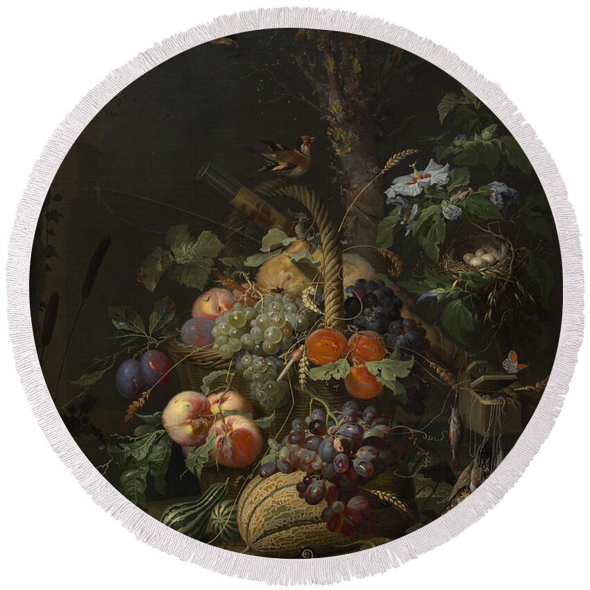Abraham Mignon Still Life With Fruit Fish And A Nest C 1675 Round Beach Towel featuring the painting Abraham Mignon Still Life with Fruit Fish and a Nest c 1675 by MotionAge Designs