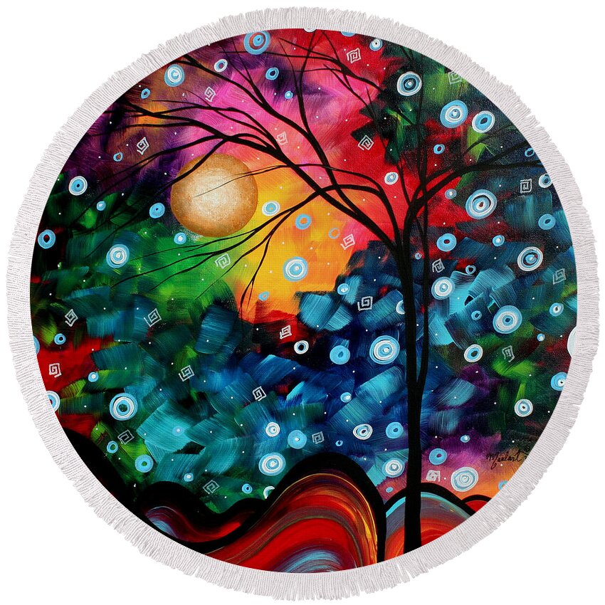 Abstract Round Beach Towel featuring the painting Abstract Art Landscape Tree Painting BRILLIANCE IN THE SKY MADART by Megan Aroon