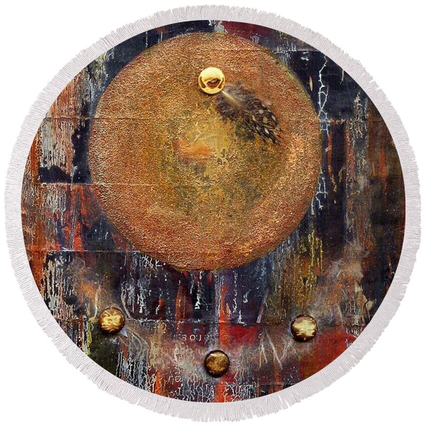 Collage Round Beach Towel featuring the painting Abstract in Black and Copper by Desiree Paquette